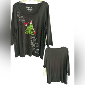 NWT Onque Woman Black Long Sleeve Tee with Christmas Tree Design